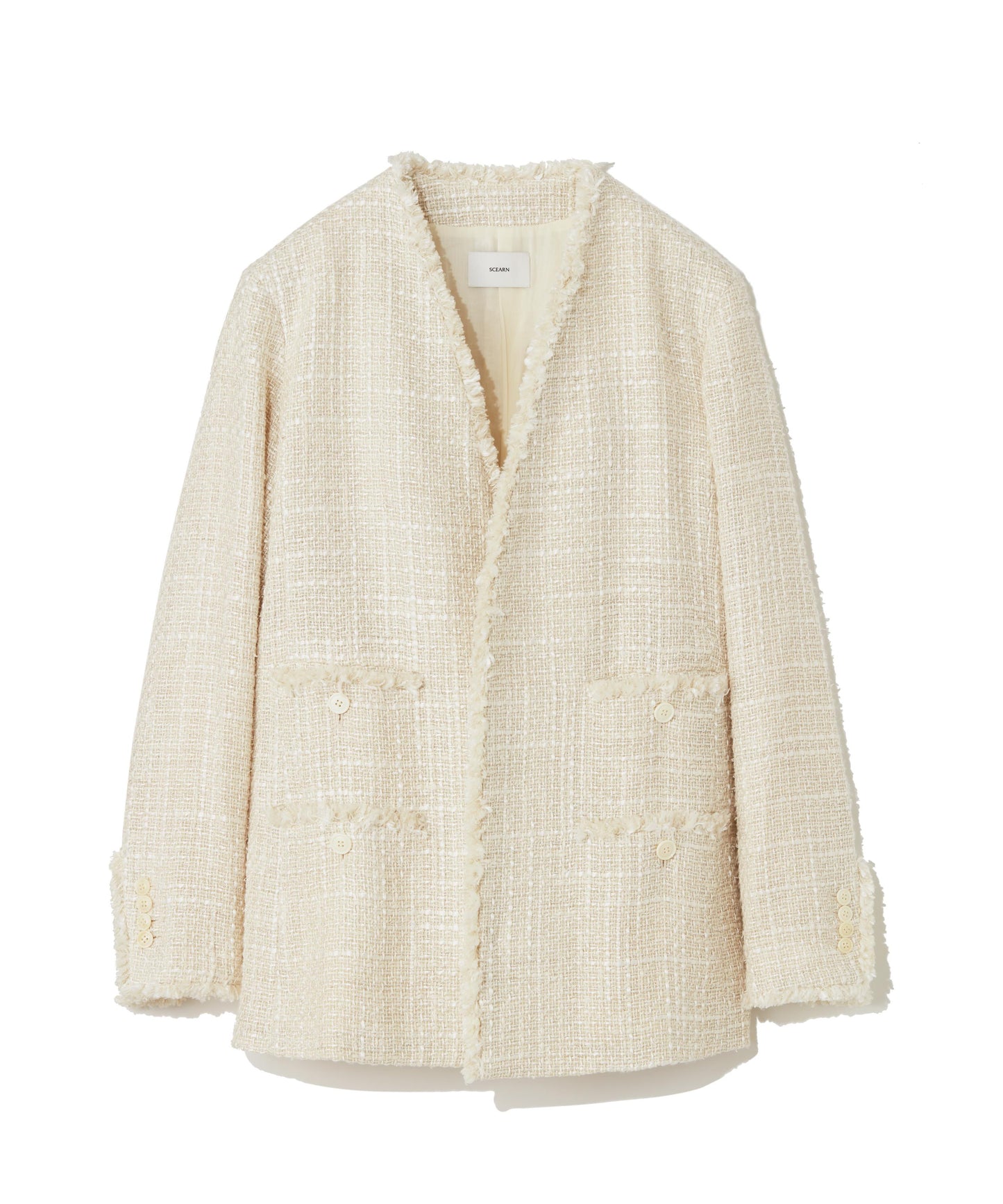 SILK LINEN TWEED / FRINGE NO COLLAR JACKET