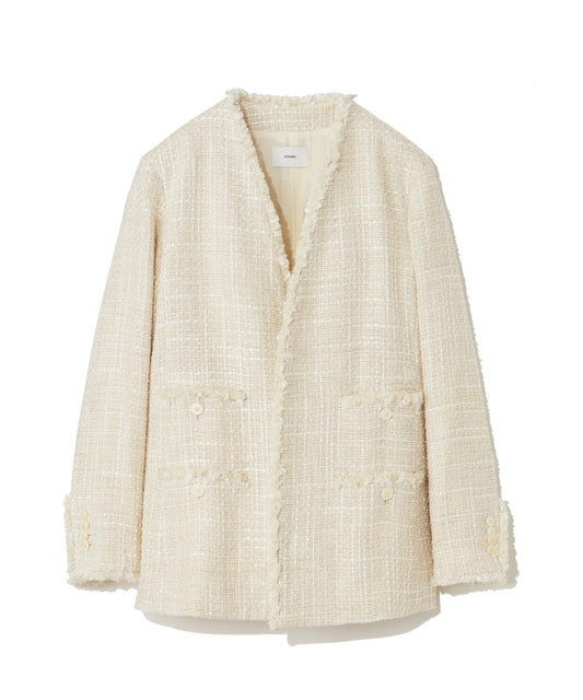 SILK LINEN TWEED / FRINGE NO COLLAR JACKET