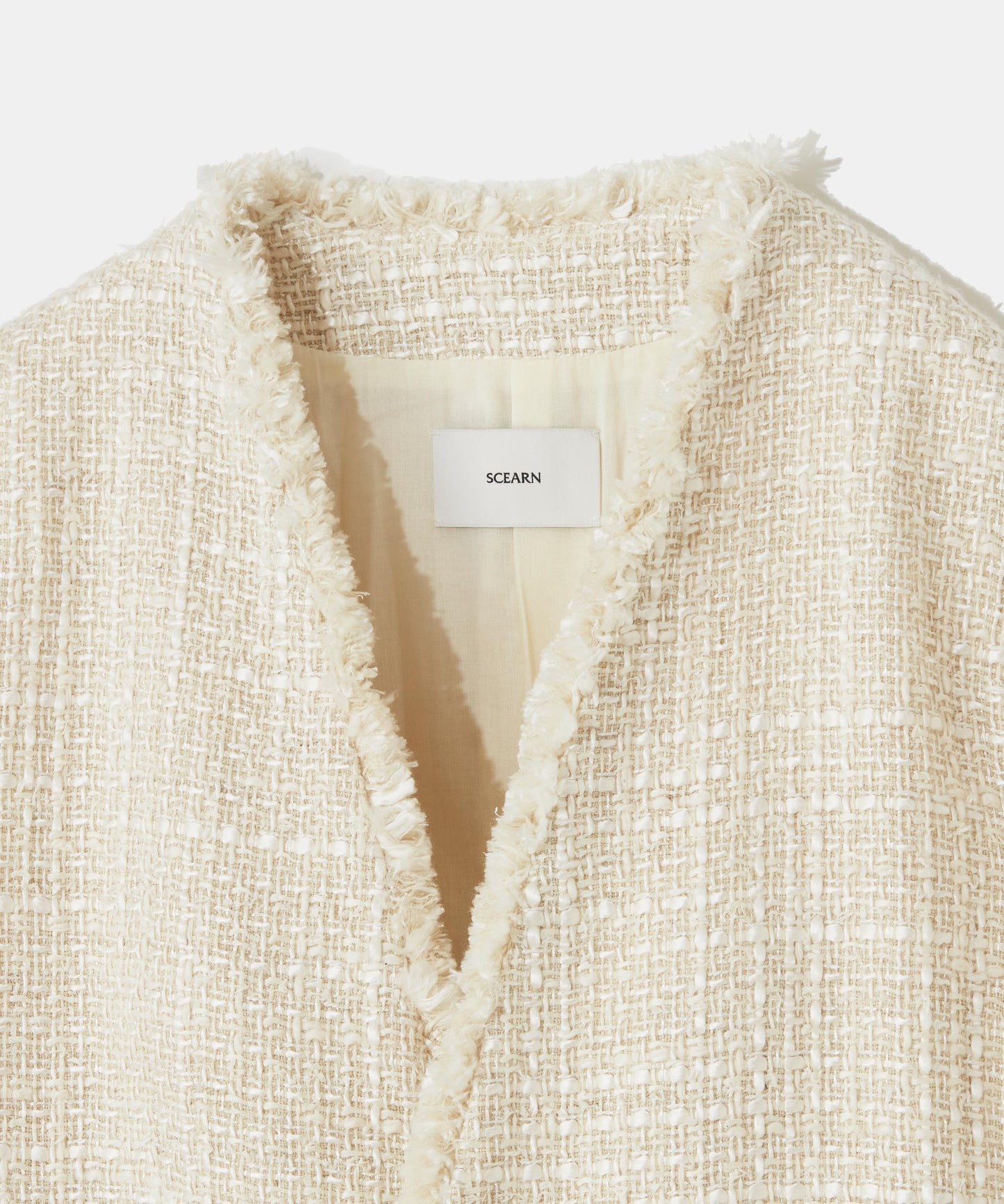 SILK LINEN TWEED / FRINGE NO COLLAR JACKET