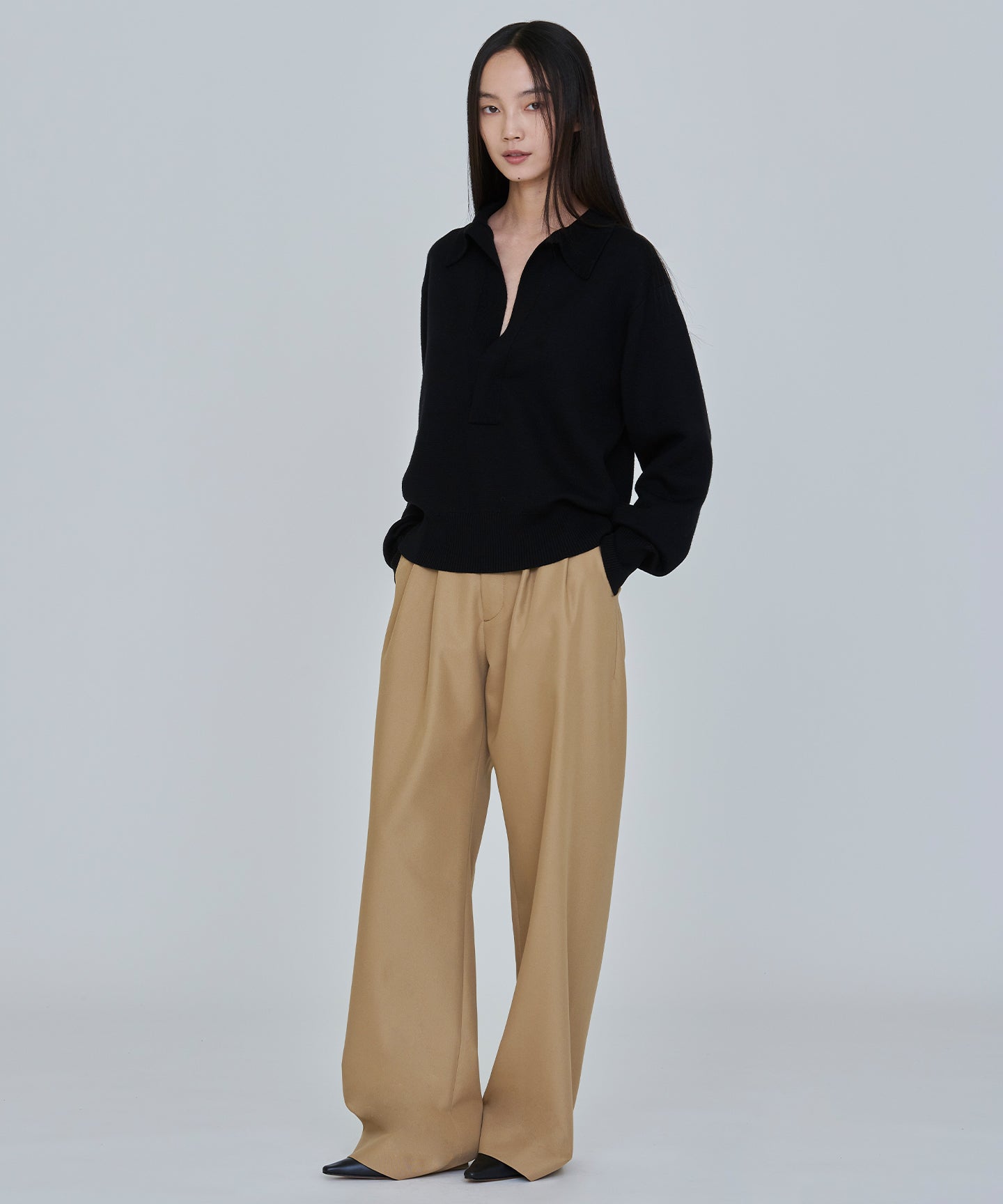COTTON POLYESTER GABARDINE / DOUBLE PLEATED TSUTSUMU PANTS