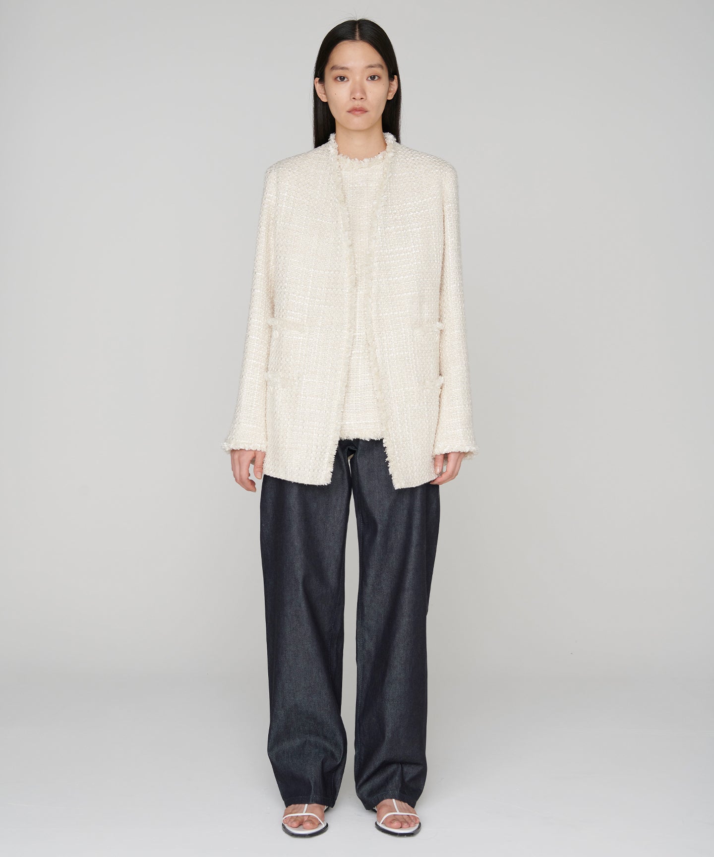 SILK LINEN TWEED / FRINGE NO COLLAR JACKET