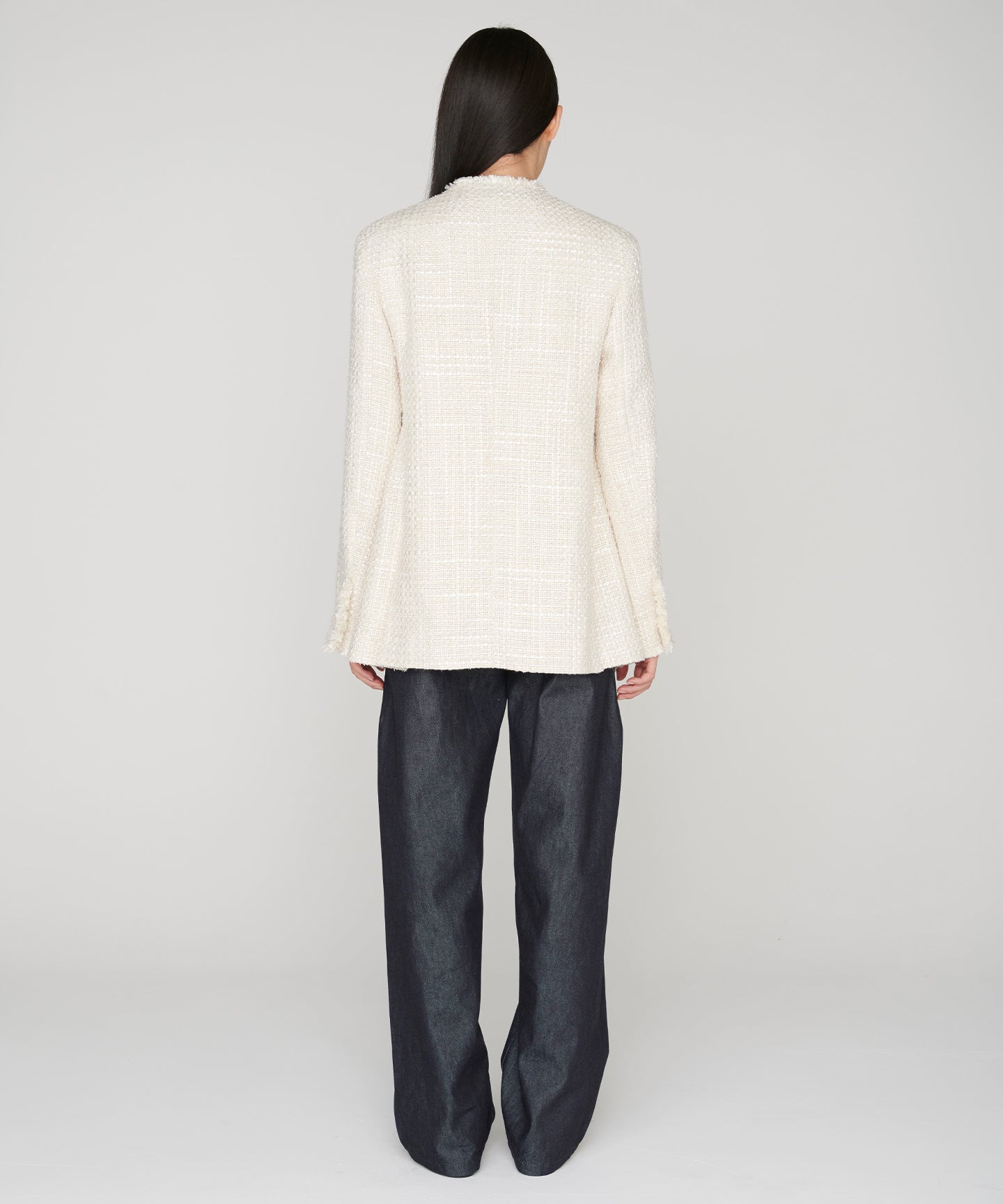 SILK LINEN TWEED / FRINGE NO COLLAR JACKET