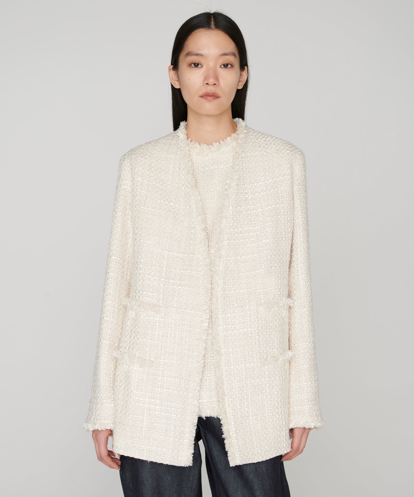 SILK LINEN TWEED / FRINGE NO COLLAR JACKET