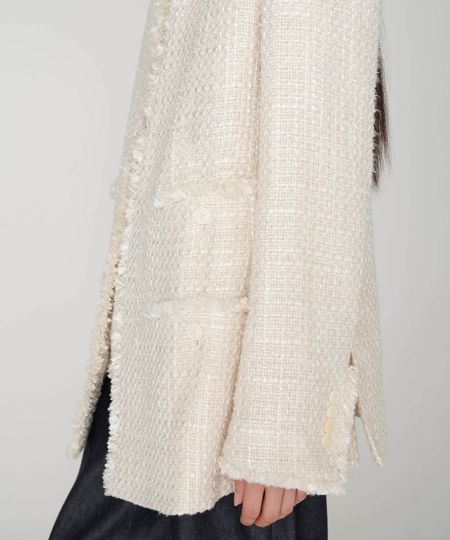 SILK LINEN TWEED / FRINGE NO COLLAR JACKET