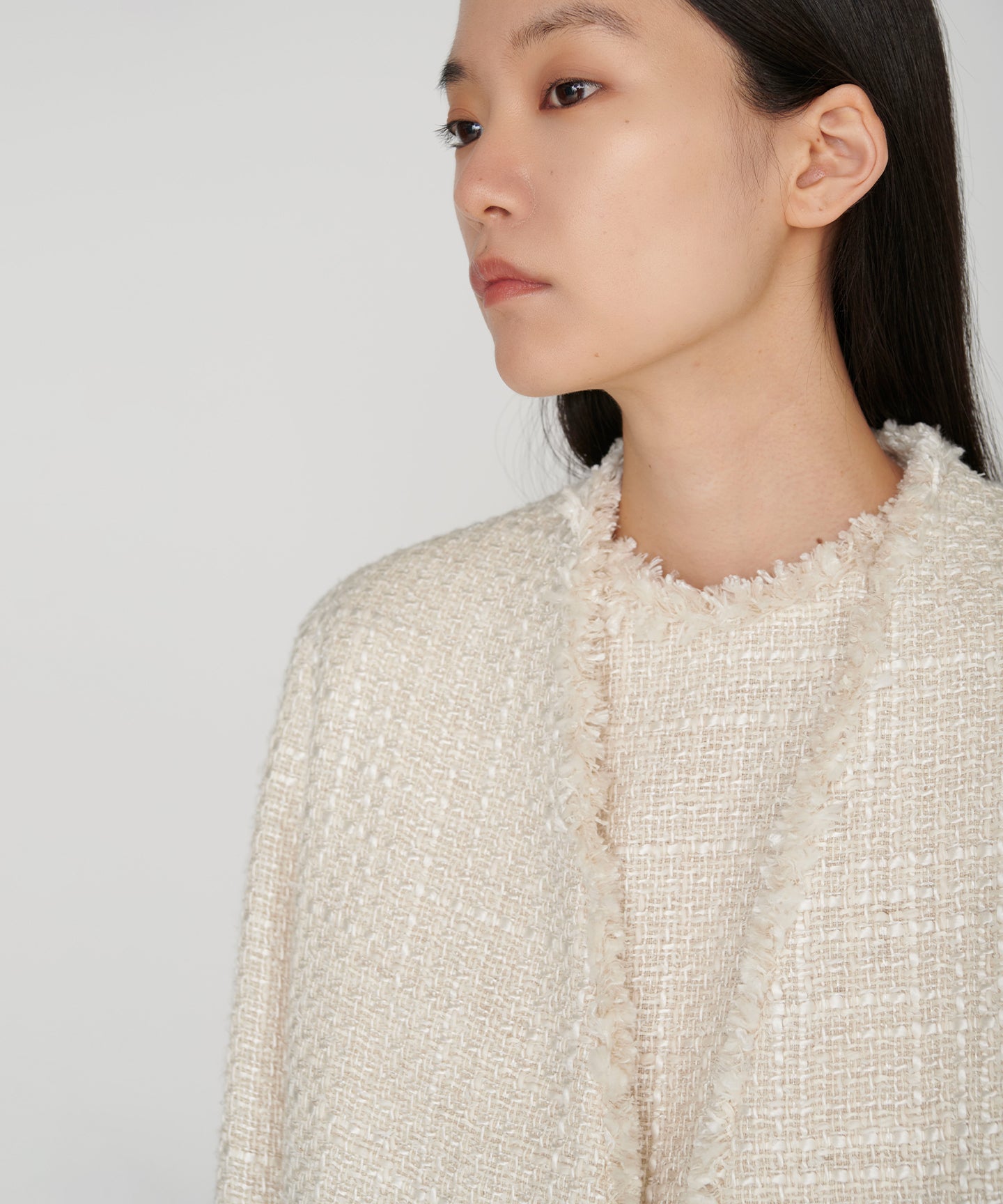 SILK LINEN TWEED / FRINGE NO COLLAR JACKET