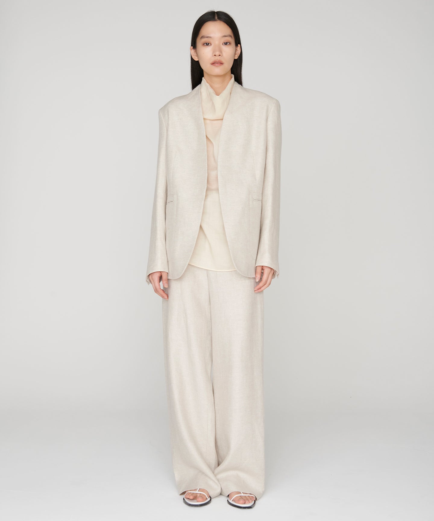 LINEN DOUBLE CLOTH / OVERSIZED NO COLLAR JACKET ｜SCEARN/セアン