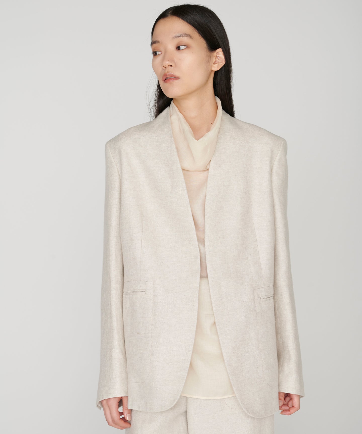 LINEN DOUBLE CLOTH / OVERSIZED NO COLLAR JACKET