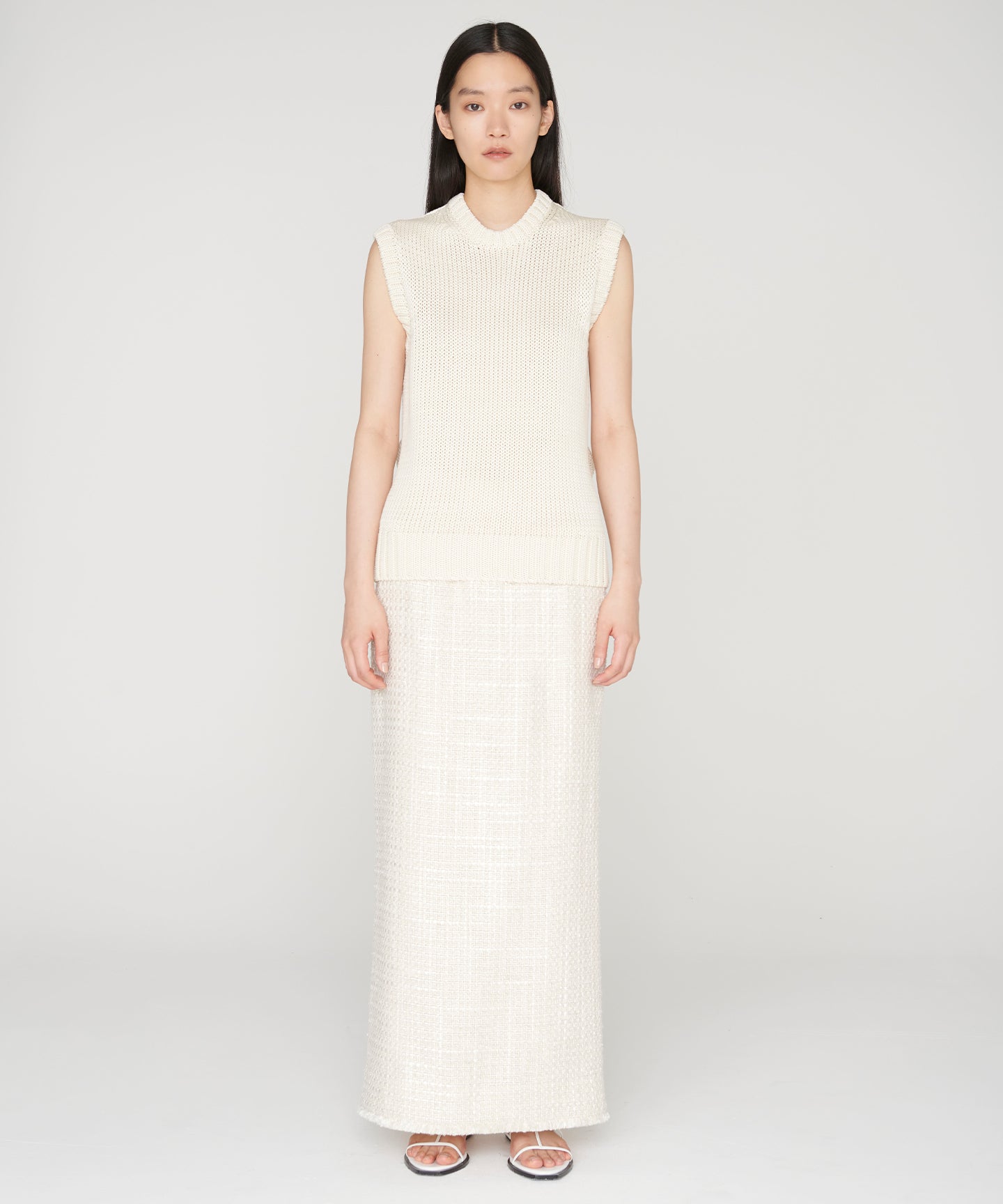 SILK LINEN TWEED / FRINGE STRAIGHT SKIRT