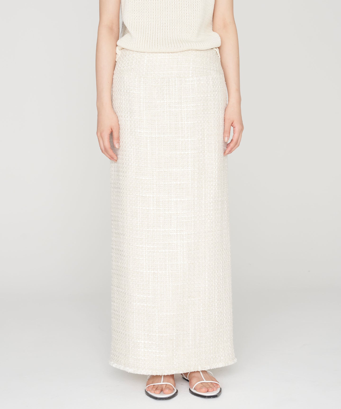 SILK LINEN TWEED / FRINGE STRAIGHT SKIRT