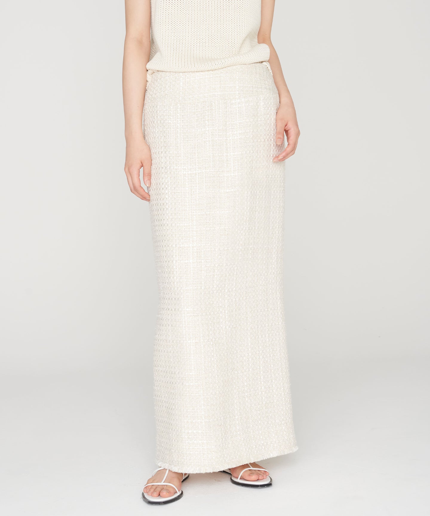 SILK LINEN TWEED / FRINGE STRAIGHT SKIRT