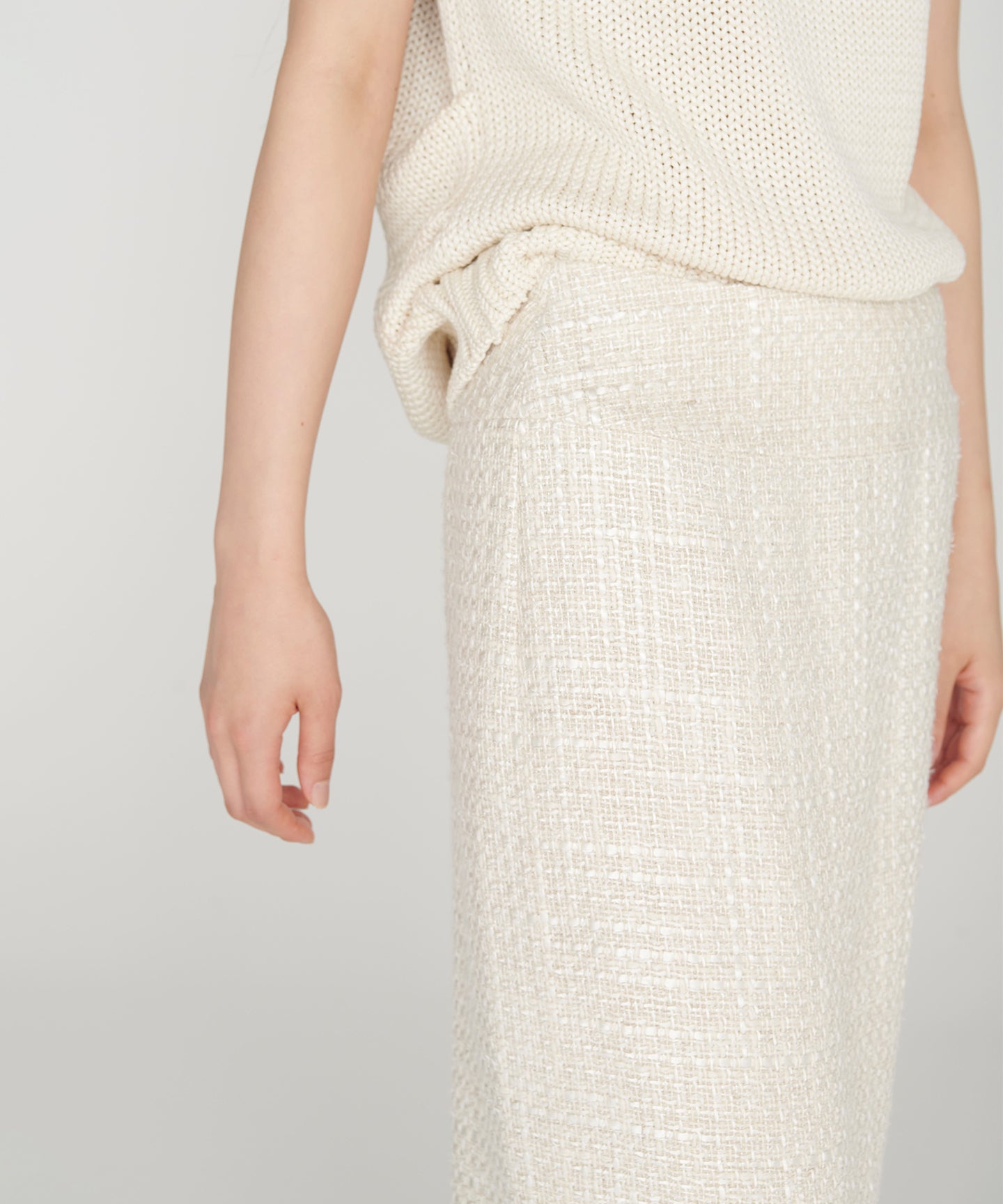 SILK LINEN TWEED / FRINGE STRAIGHT SKIRT