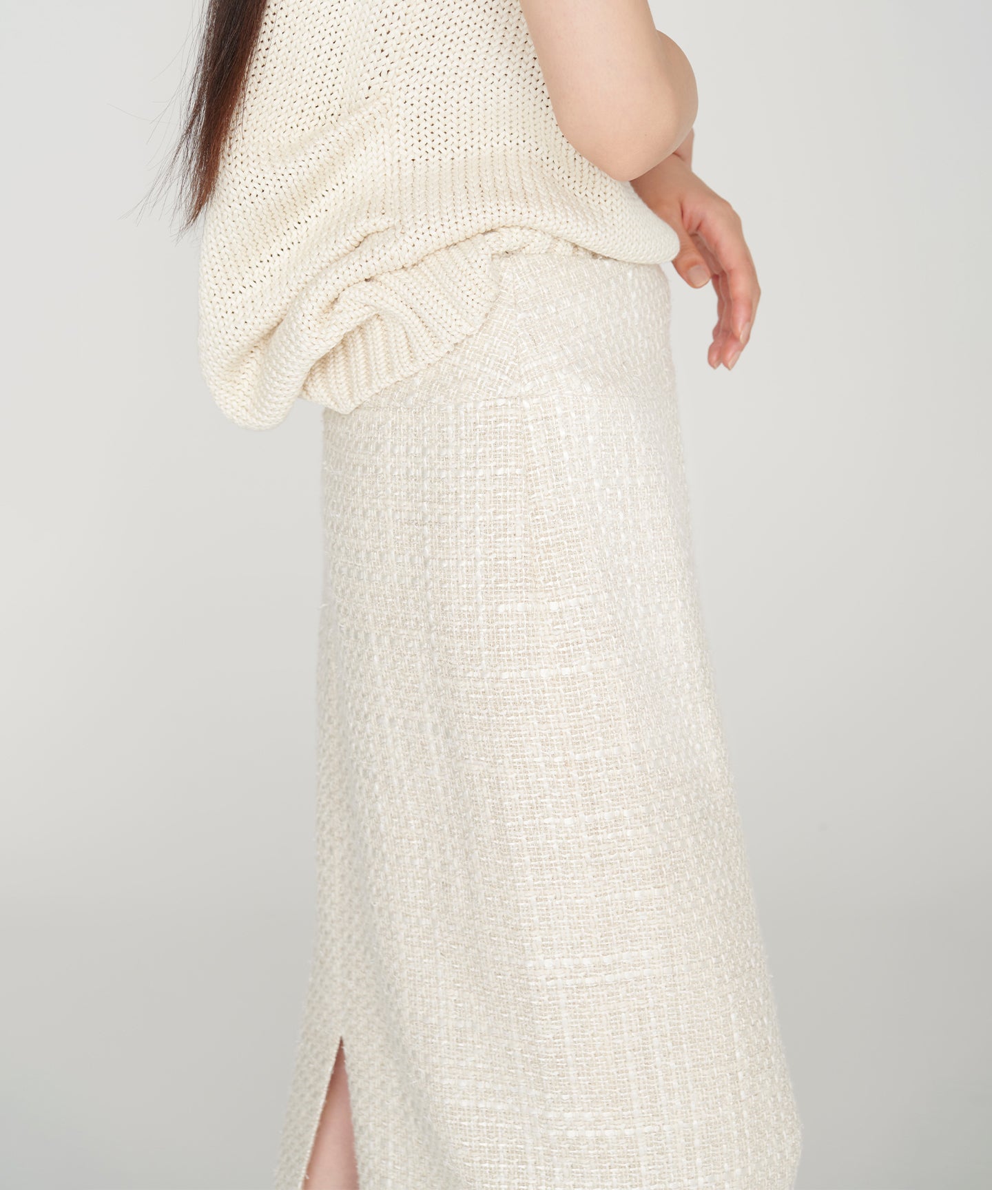 SILK LINEN TWEED / FRINGE STRAIGHT SKIRT