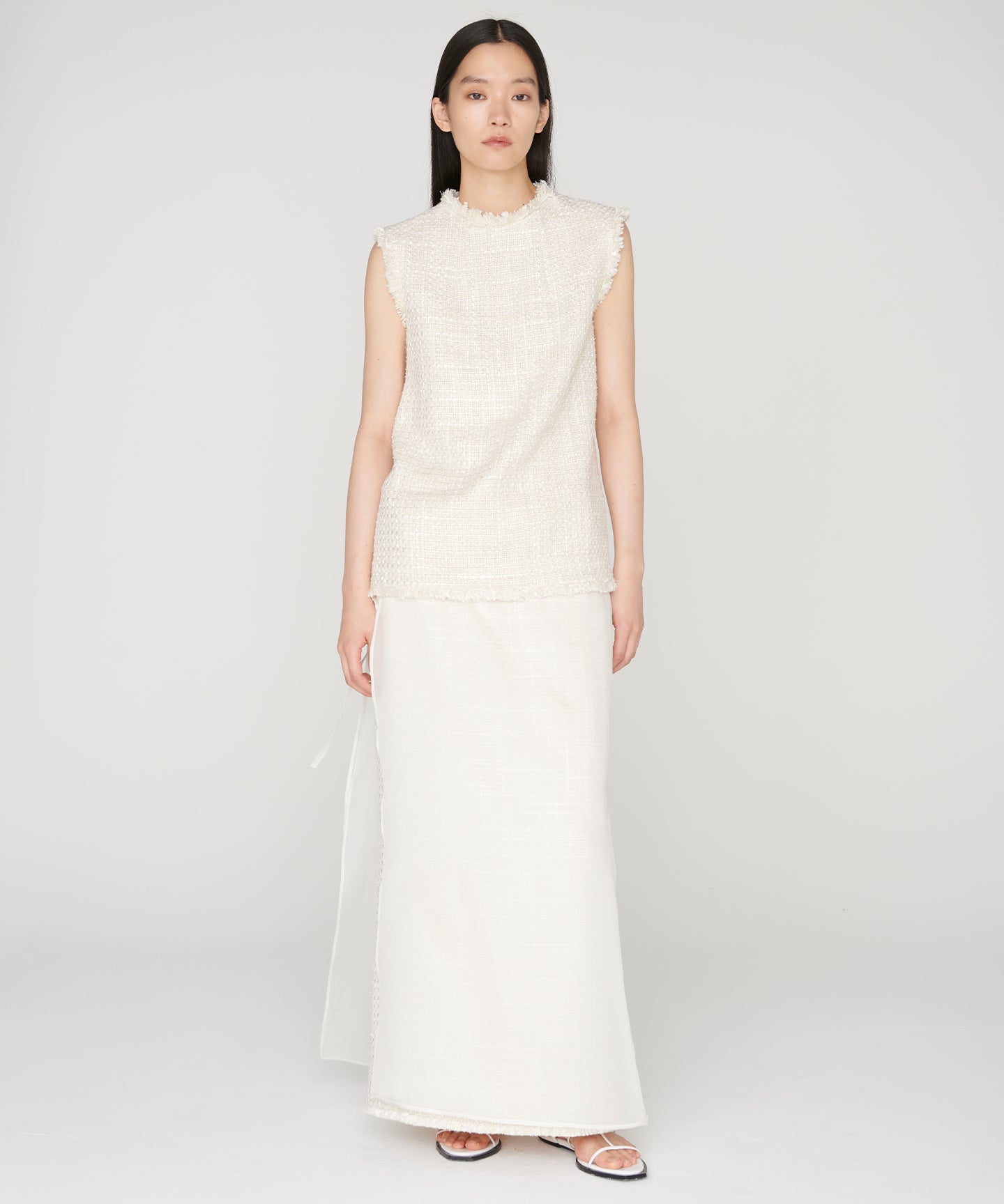 SILK LINEN TWEED / FRINGE STRAIGHT SKIRT