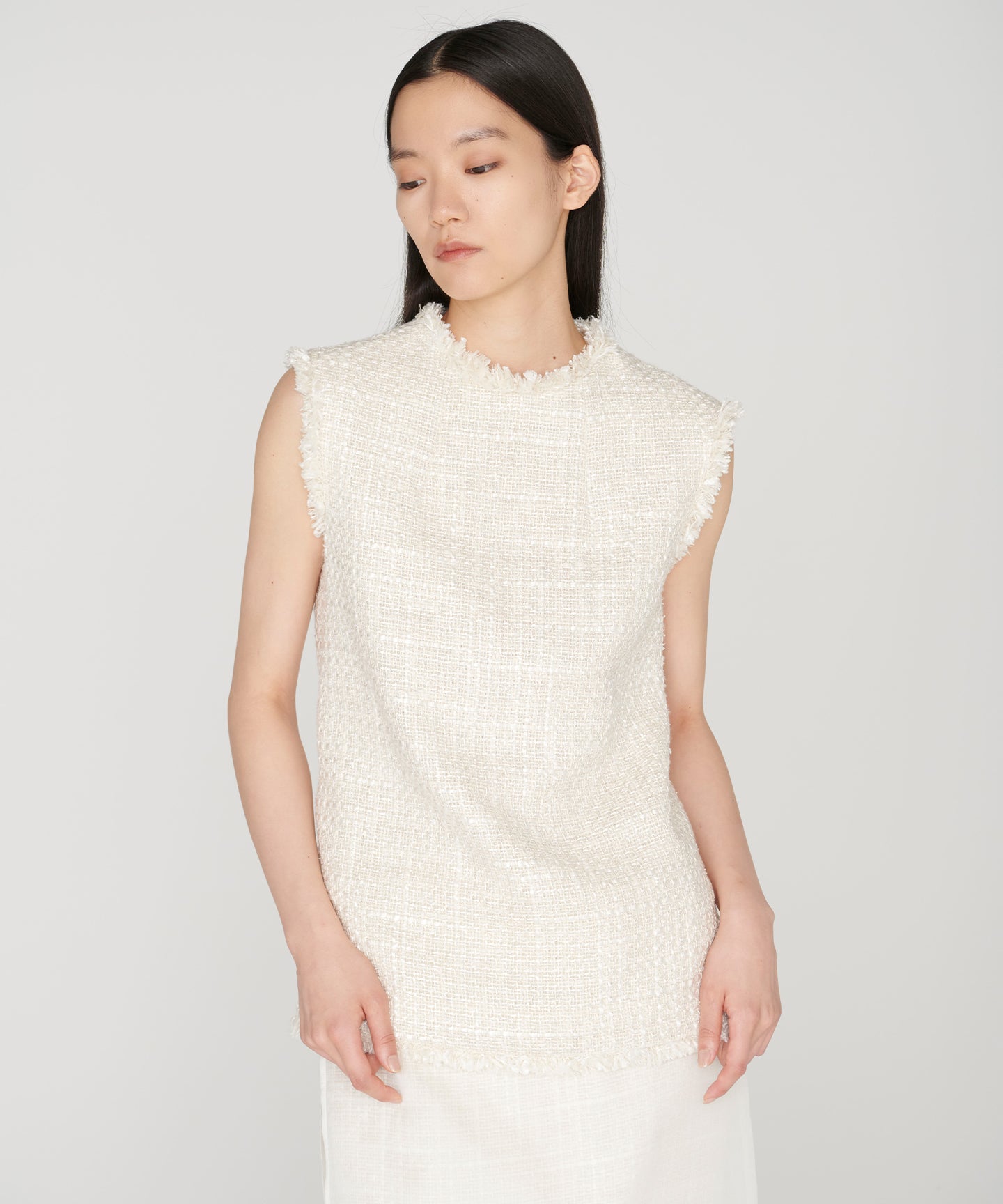 SILK LINEN TWEED / FRINGE CREWNECK TOP
