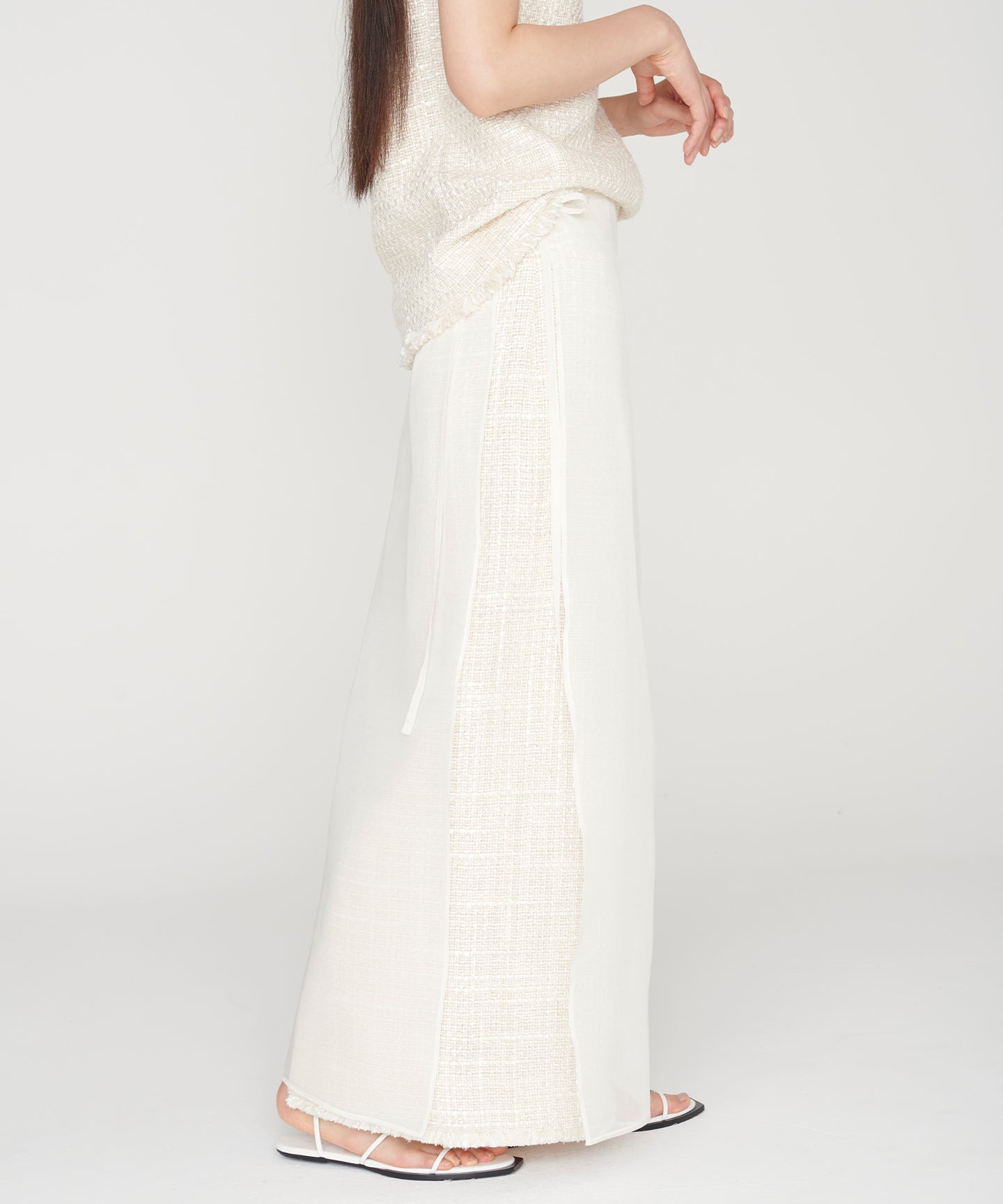 SILK LINEN TWEED / FRINGE STRAIGHT SKIRT