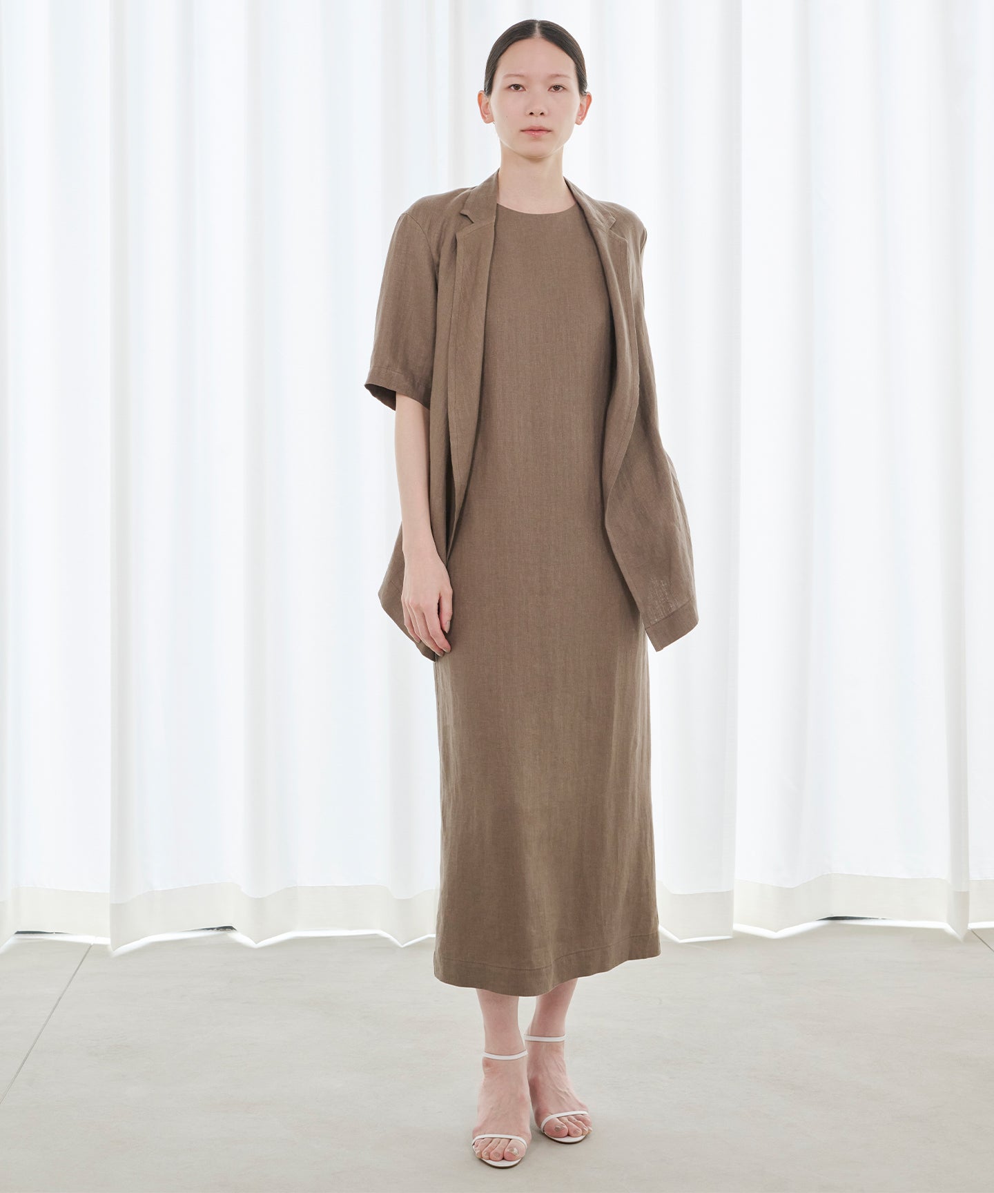 LINEN HERRINGBONE / DRAPEFRONT HALFSLEEVE JACKET