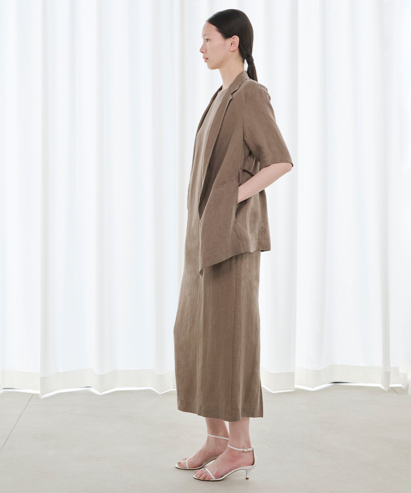 LINEN HERRINGBONE / DRAPEFRONT HALFSLEEVE JACKET