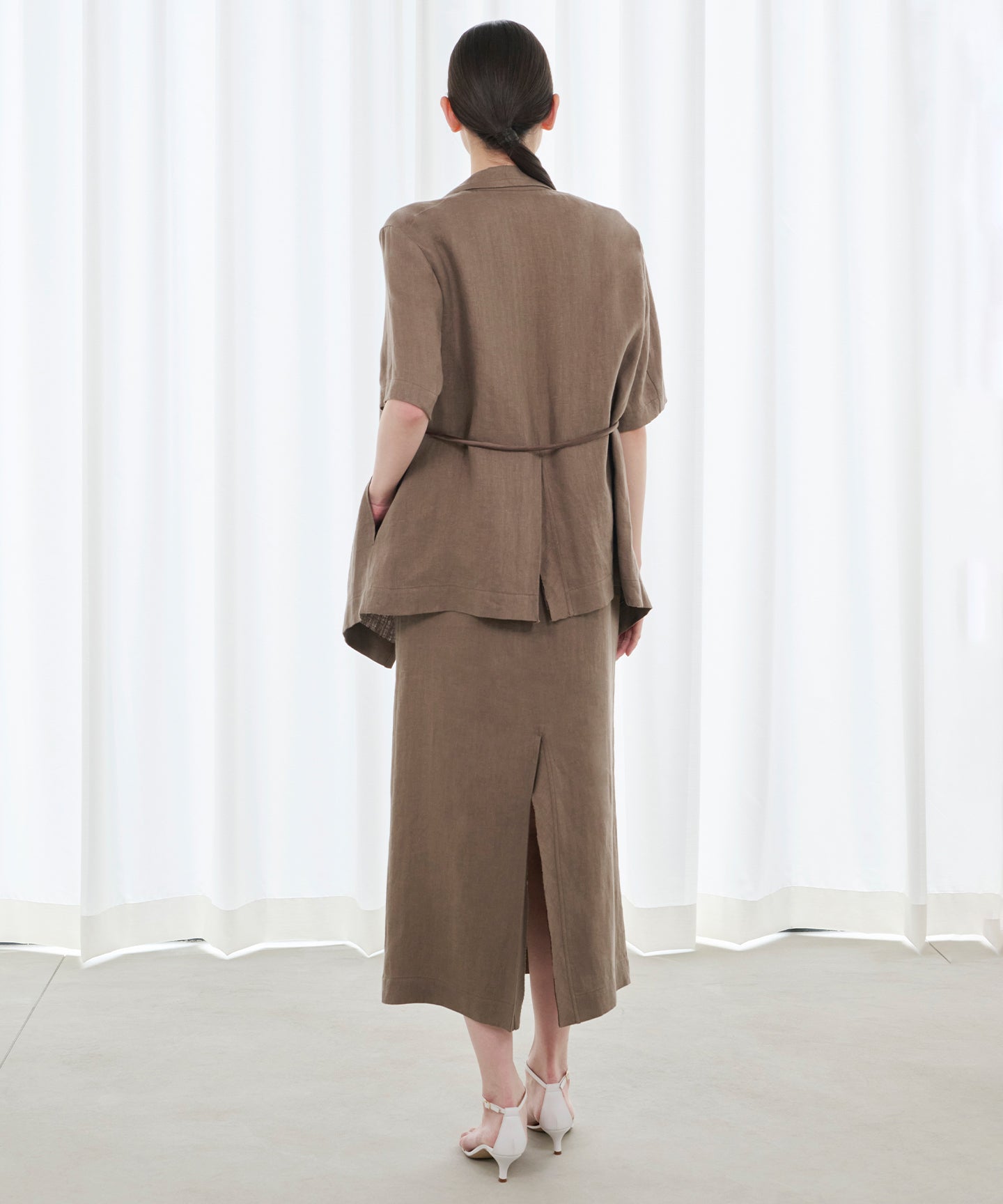 LINEN HERRINGBONE / DRAPEFRONT HALFSLEEVE JACKET