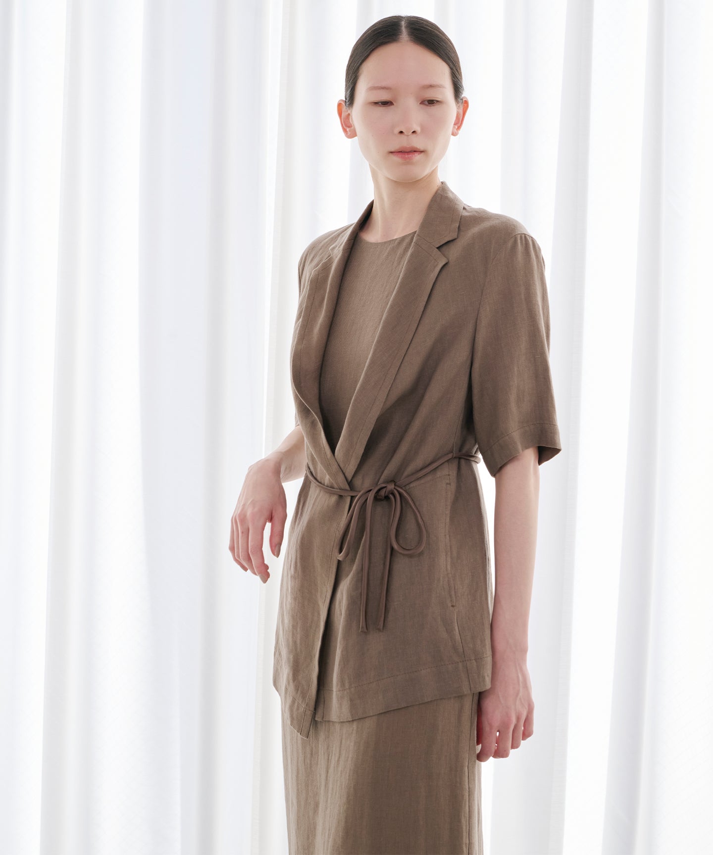 LINEN HERRINGBONE / DRAPEFRONT HALFSLEEVE JACKET