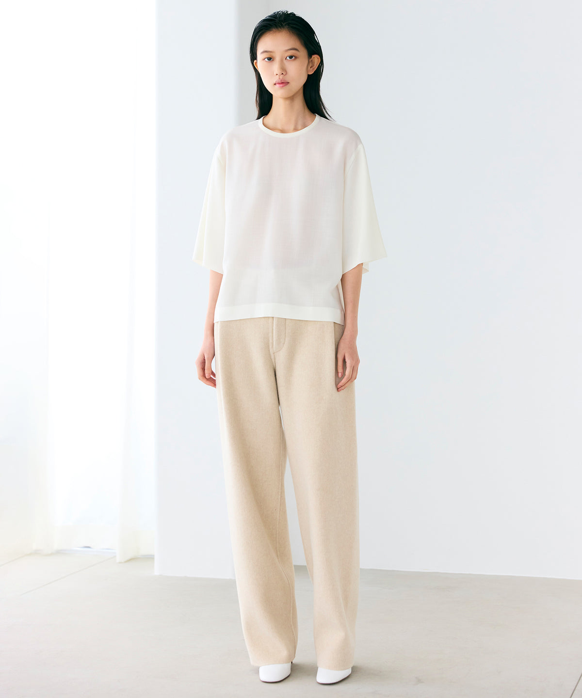 WOOL POLYESTER VOILE / DOUBLE LAYERED SLEEVE T-TOP