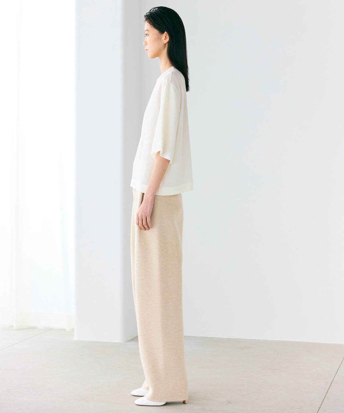 WOOL POLYESTER VOILE / DOUBLE LAYERED SLEEVE T-TOP