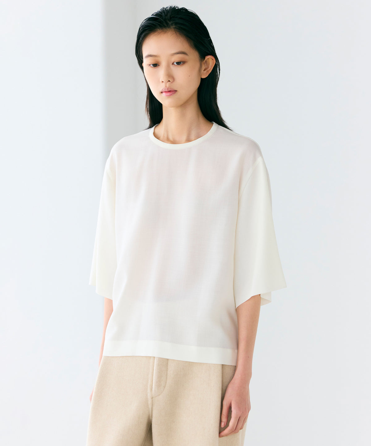 WOOL POLYESTER VOILE / DOUBLE LAYERED SLEEVE T-TOP