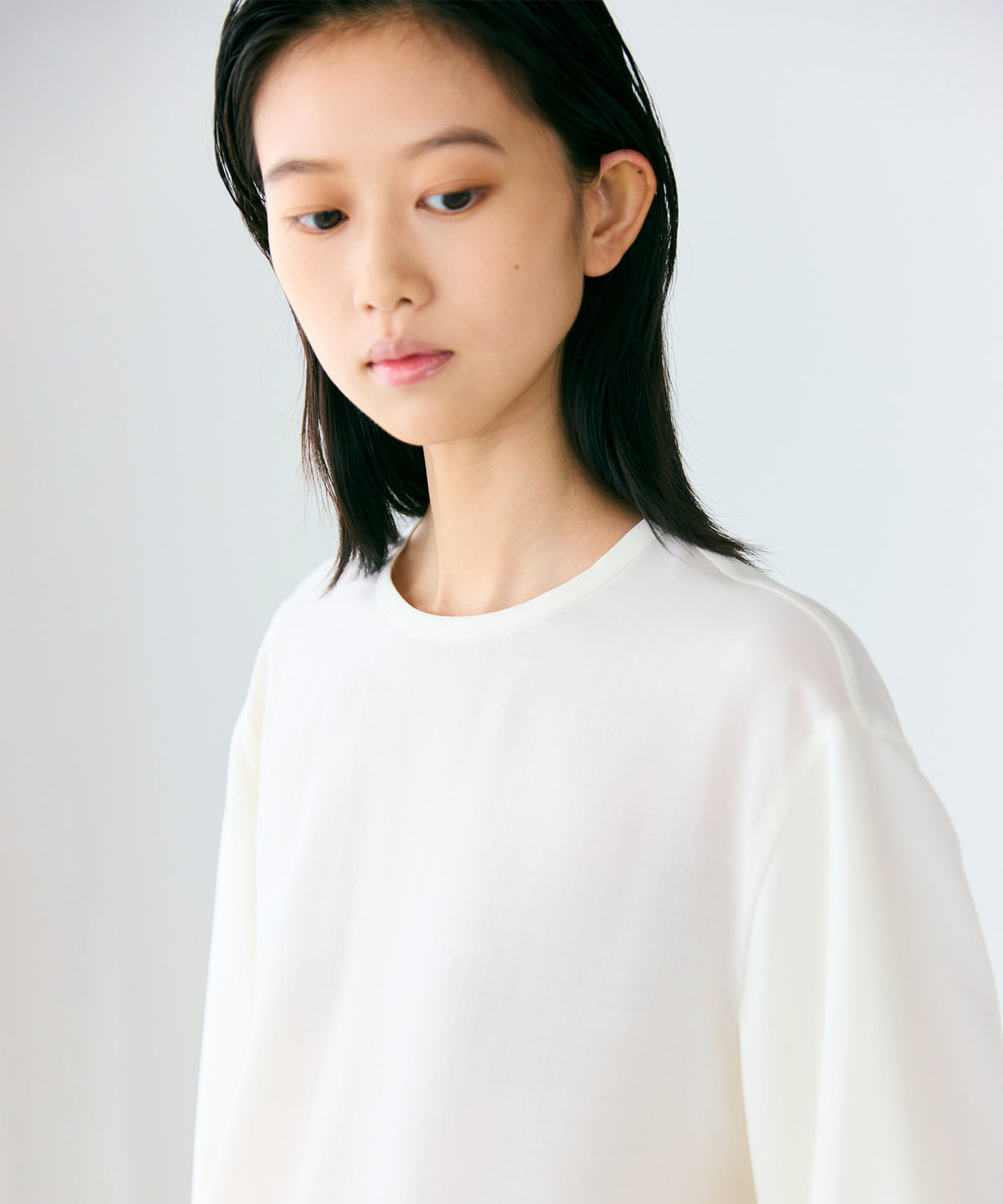 WOOL POLYESTER VOILE / DOUBLE LAYERED SLEEVE T-TOP