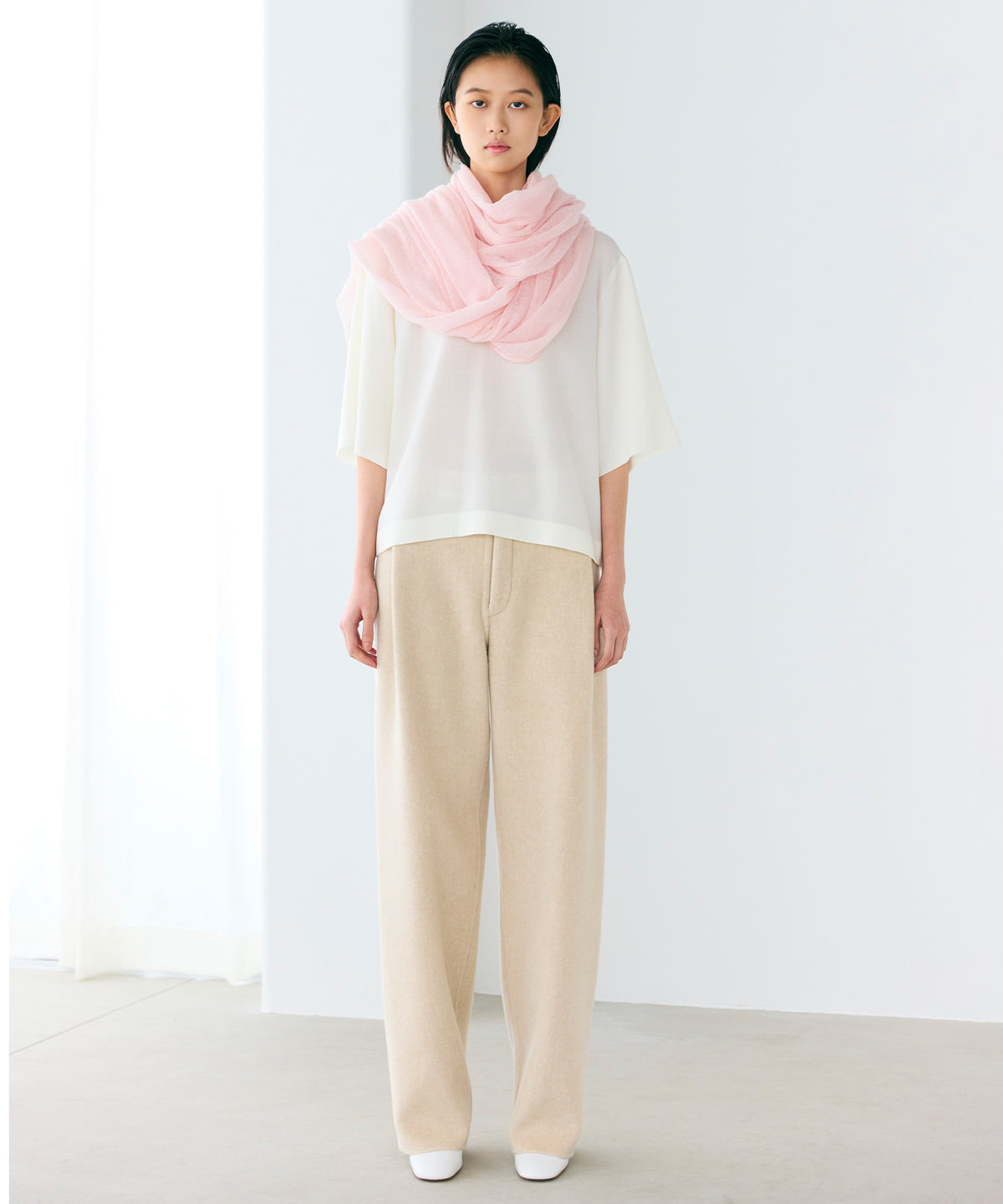 WOOL POLYESTER VOILE / DOUBLE LAYERED SLEEVE T-TOP