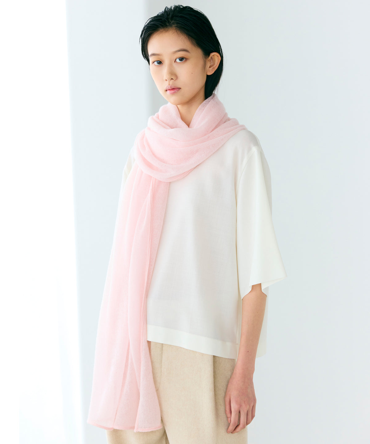 WOOL POLYESTER VOILE / DOUBLE LAYERED SLEEVE T-TOP